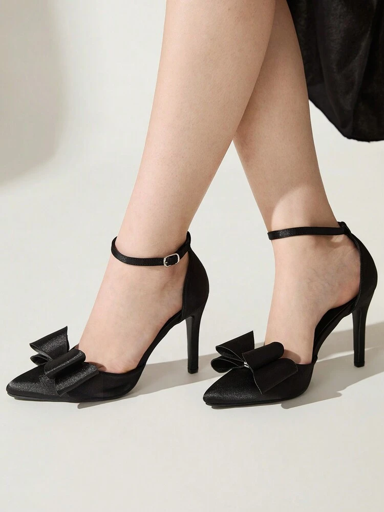 CUCCOO CHICEST Zapatos de tacón alto de punta fina para mujer, sandalias sin respaldo con decoración de lazo de cristal negro, tacones elegantes para conjuntos casuales de primavera, ir al trabajo y bodas