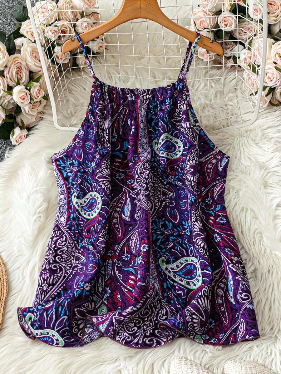 SHEIN LUNE Plus Size Women's Tropical Plant Printed Loose Casual Cami Top For Vacation Travel Airport Valentine's Day Vacation Woman Summer For Women Going Out Tops Women,Business Casual Woman,Summer,Cute Shirts,Office Vacation Woman