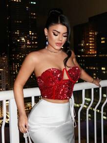 SHEIN SXY 女士纯色亮片镂空短款吊带背心上衣