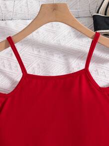 Tween Girls Open Shoulder Strap & Embroidered Strawberry Denim Shorts Set - Red - View 6