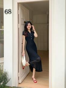 DAZY 女式纽扣半襟鱼尾下摆纯色蕾丝中长连衣裙夏季荷叶边 - 黑色 - 查看 7