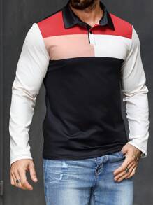 Manfinity Homme Men's Casual Daily Wear And Vacation Attire, Featuring An INS-Style Long-Sleeve Polo Shirt, Vintage Creative Polo Shirt In Color-Blocked Black, White, Red, And Khaki Prints. This Shirt Includes A Button Placket And Is Suitable For Refreshing Top In All Seasons. It's Perfect For Hawaiian Beach Vacation And Great For Couple Looks, Making It An Excellent Gift Idea For Boyfriends Or Husbands - Multicolor - View 4