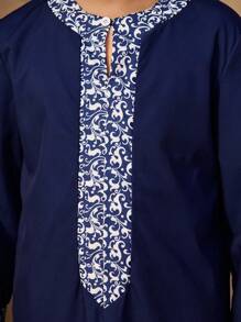 2pcs Tween Boy Retro Print Long Sleeve Top & Solid Color Pants Set - Black - View 7