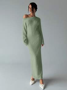 Aloruh 女式超大露肩长款针织毛衣连衣裙，秋冬 - 綠色 - 查看 9