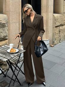 Aloruh Women's Notched Collar Jacket And Pants Commuting Daily Basic Business Suit Set In Fall/Winter - Coffee Brown - View 7