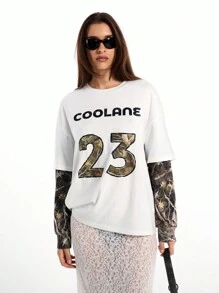Coolane Women's Couple Same Style Y2K Cargo Knit Camo Tree Branch Pattern Two Fake Pieces Long Sleeve Over Size T-Shirt - White - View 5