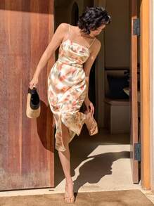 DAZY Vestido de mujer con estampado floral, plisado, con abertura y sin mangas, de largo medio, tipo vestido de verano