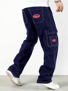 Manfinity Homme Men's Letter Print Cargo Pocket Straight Leg Jeans - Dark Wash - View 2