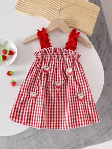 Vestido de verano para niñas, Nuevo llegado vestido de tirantes de niña bebé a cuadros con estampado lindo de fresa, verano - Rojo - Ver 2