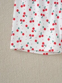 2pcs Baby Girls Red & White Color Block Printed Short Sleeve Crop Top And Shorts Set, Home Outfit