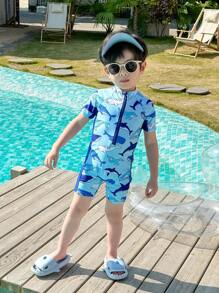 SHEIN 1pc Young Boys Vacation Cute Cartoon Print Colorblock Long Sleeve Rash Guard & Cap Set, Suitable For Beach, Pool, Spring/Summer