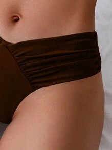 SHEIN Swim 女士纯色 V 领褶皱比基尼泳裤，适合夏季海滩度假 - 咖啡棕 - 查看 5