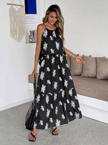 SHEIN Clasi French Vintage Black Sleeveless Spaghetti Strap Crop Top With Flared Hem, Holiday Beach Wrap Skirt Set, Summer Black Sleeveless Spaghetti Strap Cropped Tank Top/Mid-Length High Waist Slimming Skirt Set For Women - Black - View 3