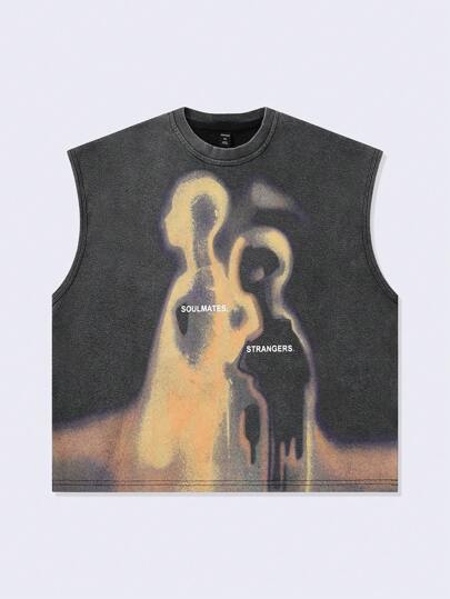 ROMWE MEN Men's Grunge Punk Vintage Washed Letter & Figure Print Crop Fit Tank Top