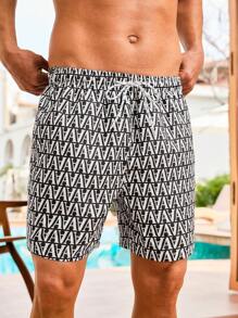 Surfspeed Men's Letter Print Drawstring Waist Beach Shorts - Black and White - View 5