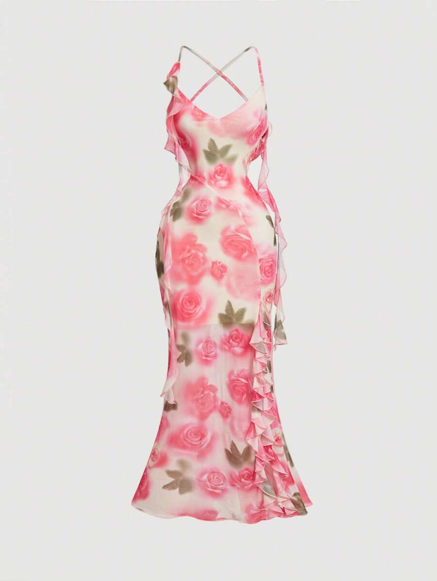 SHEIN MOD 女士玫瑰花朵露背春季约会连衣裙,情人节 - 粉色 - 查看 1