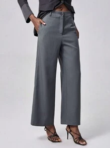 SHEIN Unity 女士休闲办公室阔腿纯色裤 - 深灰色 - 查看 6