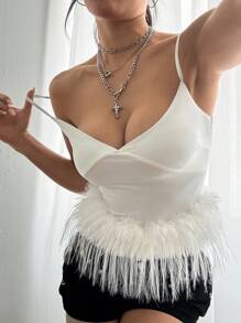 Flirla V-Neck Faux Fur Camisole Top, Minimalist Casual Everyday Wear