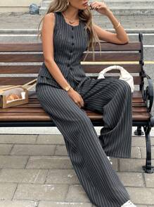 Serisse 秋冬女士条纹吊带背心和裤子套装 - 灰色 - 查看 4