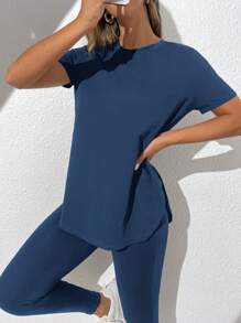 SHEIN Essnce 2 件女式休闲纯色短袖上衣和紧身裤套装 - 水鴨藍 - 查看 3