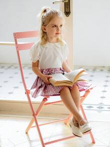 SHEIN Conjunto de blusa de manga corta con cuello Peter Pan y abertura trasera + falda mini con volantes y decoración de lazo para niñas, dulce y lindo