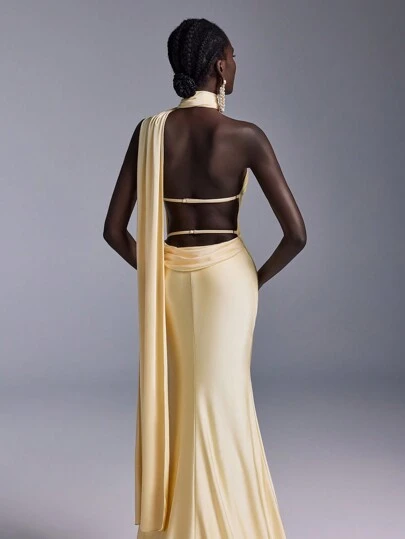 Elitara Elegante y sencillo vestido de escote con espalda descubierta y ajustable en color amarillo claro, apropiado para citas, fiestas de solteros, ceremonias de graduación, eventos de boda, cenas, vestido de invitada de boda, vestido formal, vestido de noche, vestido de gala