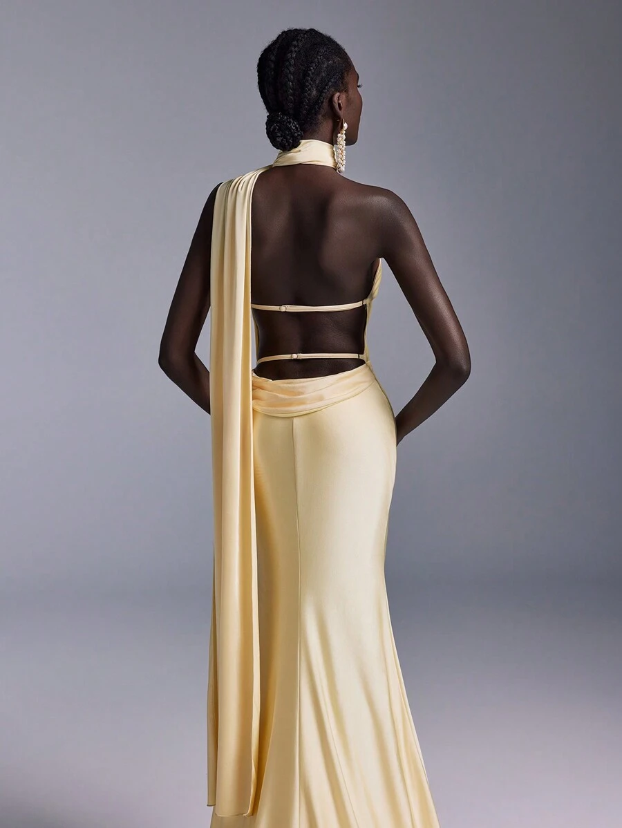 Elitara Elegant Goose-Yellow Knit Dress,Deep Backless Design,Flowing Ribbon Neckline,Fitted Mermaid Silhouette With Long Train For Weddings,Cocktail & Balls