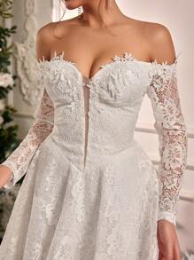 SHEIN Belle Elegante, lujoso y elegante vestido largo de encaje blanco con hombros descubiertos y manga larga con dobladillo amplio, adecuado para festivales, despedidas de soltera, bodas, graduaciones, vacaciones, vestidos para duchas nupciales, pequeño vestido blanco, novia