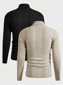 Manfinity Basics Men's 2 Pieces Knitted Fit Basic Style Casual High Neck Shoulder Long Sleeve T-Shirt Suitable For Autumn And Winter - Apricot - View 2