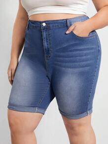 SHEIN CURVE+ Plus Size Women Blue Elastic Casual Roll-Up Hem Slim Fit Denim Shorts For Summer - Medium Wash - View 5