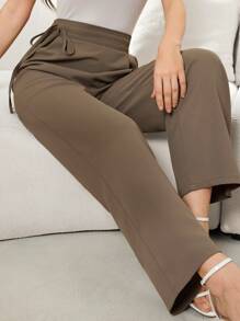 Modelyn Plain Casual Straight Leg Pants, Versatile For Commute - Army Green - View 4