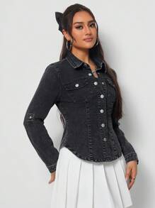 SHEIN Tall Women's Button Front Black Denim Shirt - Black - View 1