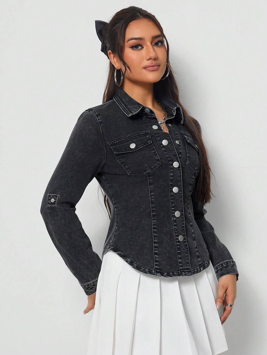 SHEIN Tall Women's Button Front Black Denim Shirt - Black - View 1