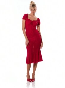 MUSERA 网眼泡泡袖中长直筒连衣裙优雅春夏度假舞会