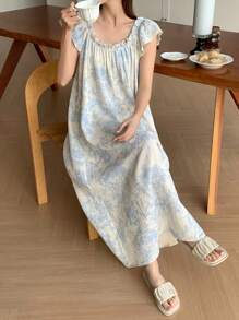 DAZY 女士浪漫满身印花荷叶边袖睡袍，褶皱面料睡衣，Moo Moo