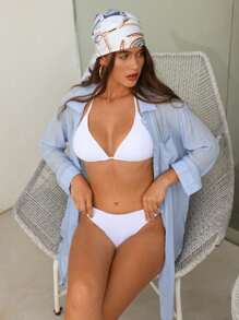 Swim Vcay Mujeres, kimono moderno, sólido, abotonado, para playas en verano - Azul - Ver 7