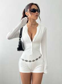 Flirla Women's Casual Textured Button Placket Long Sleeve Fitted Jumpsuit - White - View 6