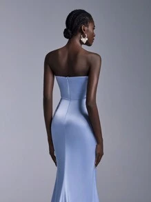 Elitara 优雅浅蓝色缎面露肩不对称 V 领扭曲鱼尾侧高开叉迷人垂坠尾部正式晚礼服、婚礼宾客礼服、派对礼服 - 淺藍色 - 查看 7