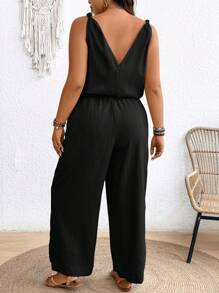 SHEIN Frenchy Plus Size Earthy Clothes Textured Crepe Cami Jumpsuit With Bowknot Waist And V-Neckline