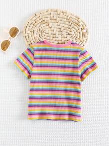 Cozy Pixies Baby Girl Colorful Striped 3D Floral Knit Soft Crew Neck Short Sleeve Pullover Top