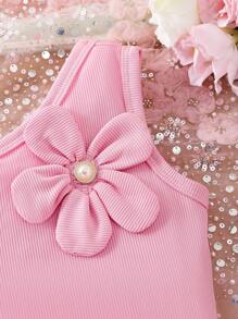 Elladie kids 2 件套年轻女孩针织罗纹不对称花卉印花上衣和带珍珠纽扣的罗纹短裤，可爱休闲夏装 - 粉色 - 查看 7