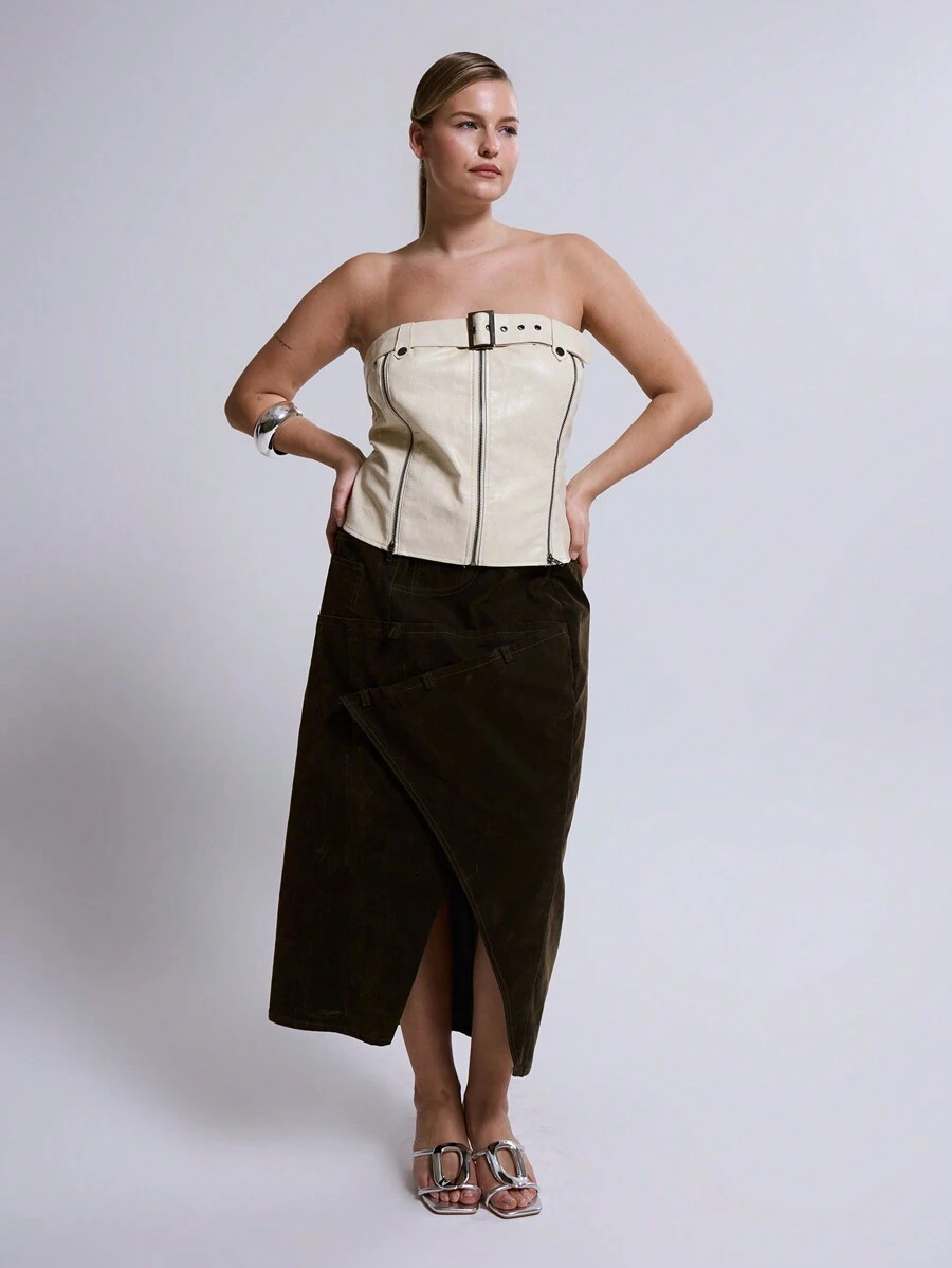 MUSERA Plus Size Velvet Denim Patchwork Skirt For Streetstyle, Cool, Casual, Everyday, Y2K Style, 2000's Style, Holiday Back To School, Work Summer - Army Green - View 1