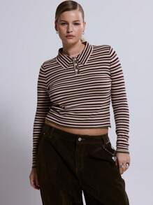 MUSERA Áo thun dài tay cổ bẻ kẻ sọc dáng ôm cỡ lớn, thích hợp cho phong cách đường phố, cá tính, thường ngày, phong cách Y2K, phong cách những năm 2000, mùa xuân hè. - Nhiều màu - Xem 2