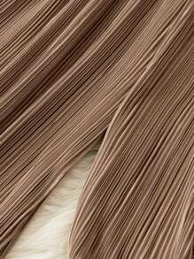 SHEIN PETITE Women's Casual Khaki Pleated Elastic Waist Wide Leg Pants, Spring/Summer Fall Cloth For Women - Khaki - View 4