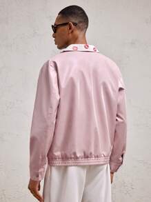 AKNOTIC Party Men's Pink Patchwork Color Block Lip Print Collar Woven PU Loose Drop Shoulder Turndown Collar Fashion Casual Open Front Jacket, Suitable For Spring/Summer, Couples, Valentine's Day, Party