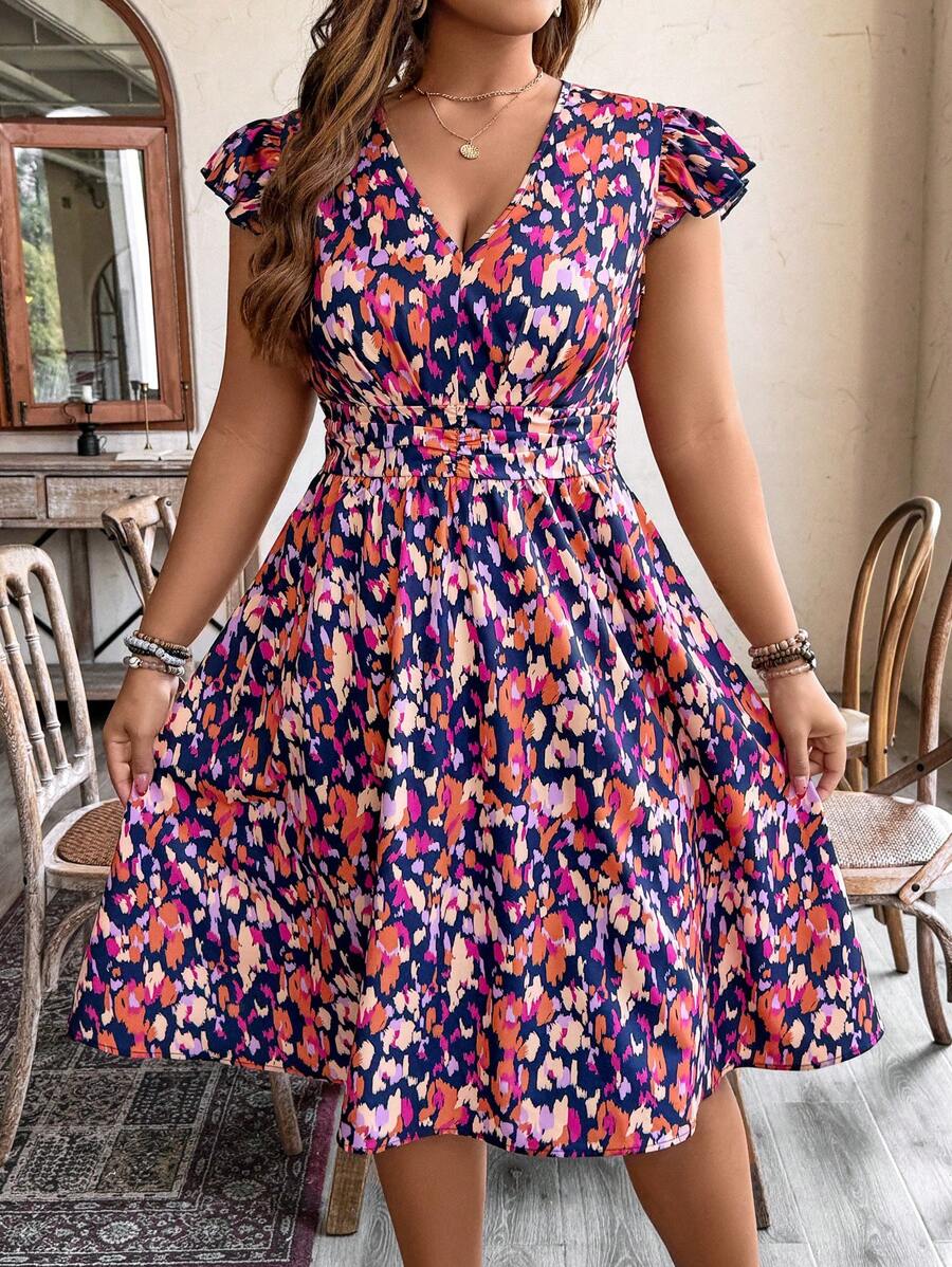 EMERY ROSE Plus Size Women Floral V-Neck Cap Sleeve Ruched Waist Midi Dress - Multicolor - View 1
