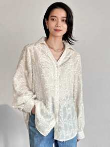 FRIFUL Women's Loose Fit Long Lace Embroidered Blouse Shirt