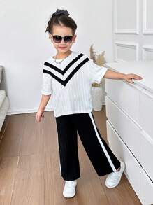 2pcs/Set Young Girls Solid Knit Round Neck Fitted T-Shirt + Loose Knit Wide-Leg Pants