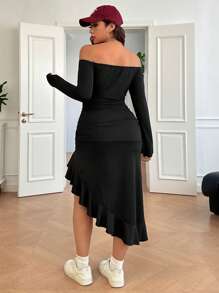 SHEIN EZwear Plus Size Off Shoulder Asymmetrical Hem Long Dress, Spring/Summer - Black - View 2