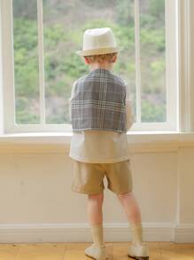 Souflis Souflis 3 件套年轻男孩日常绅士装：白色休闲衬衫、格子背心、松紧腰直筒短裤，春秋 - 彩色 - 查看 2
